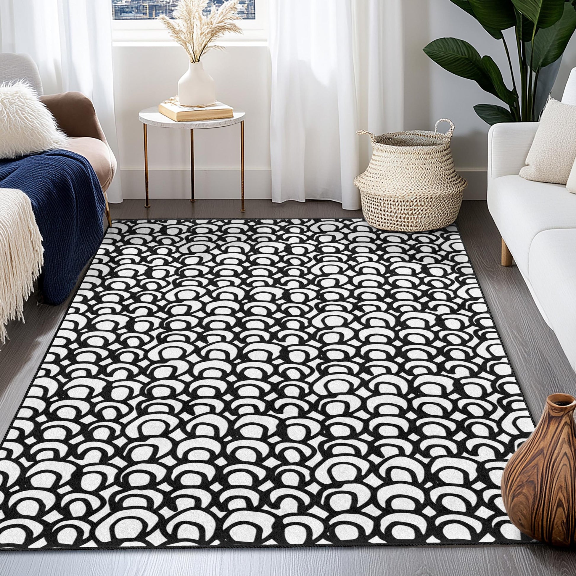 Modern Black and White Abstract Rectangle Rug, Stylish Area Rug for Home Decor, Chic Living Room Carpet, Contemporary Floor Mat
