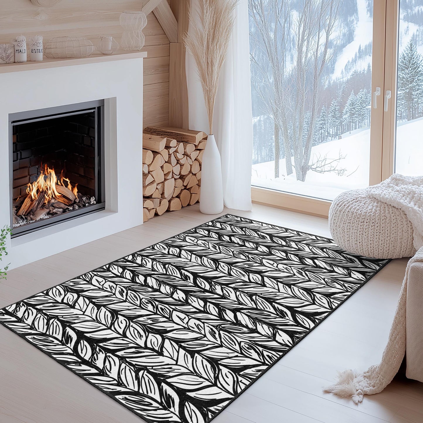 Eleganter rechteckiger Teppich mit schwarz-weißem Blattmuster, moderne Wohndekoration, stilvoller Teppich für Wohnzimmer, Schlafzimmer oder Büro