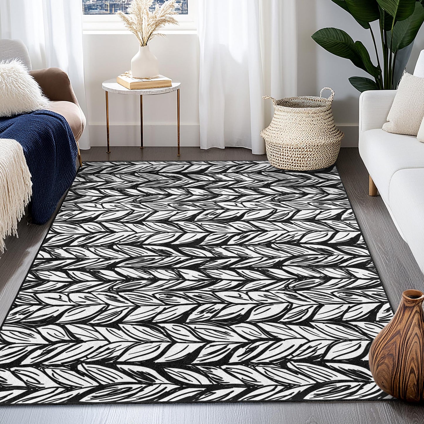 Eleganter rechteckiger Teppich mit schwarz-weißem Blattmuster, moderne Wohndekoration, stilvoller Teppich für Wohnzimmer, Schlafzimmer oder Büro