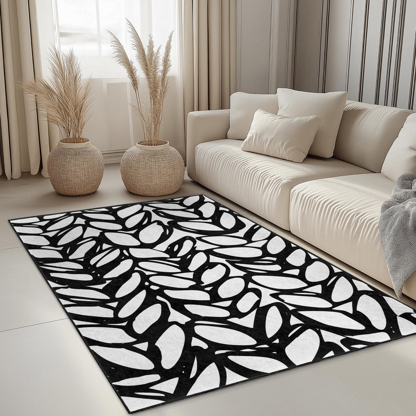 Eleganter rechteckiger Teppich mit schwarz-weißem Blattmuster, moderne Wohnaccessoires, stilvoller Wohnzimmerteppich, schicker Schlafzimmerteppich
