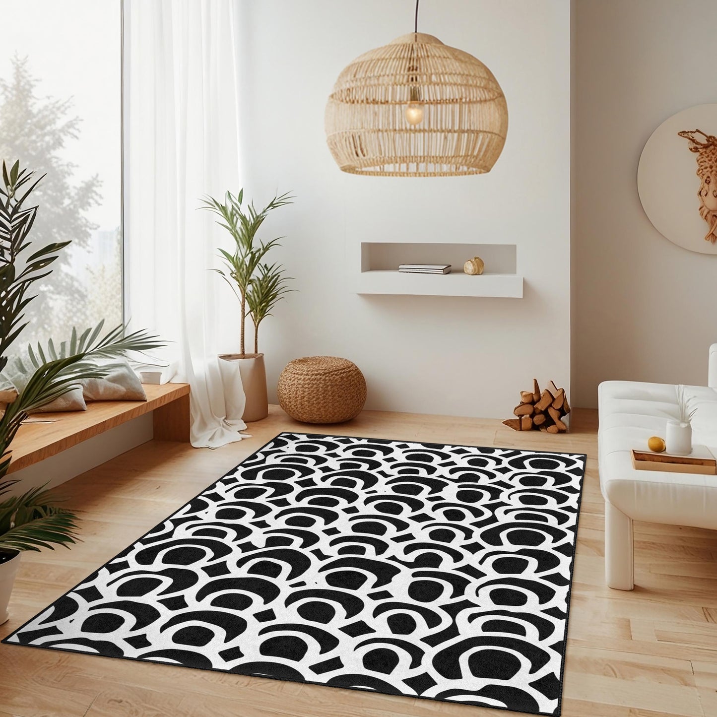 Eleganter rechteckiger Teppich mit schwarz-weißem Muster, stilvoller Wohnzimmerteppich, moderne Wohndekoration, abstrakter Teppich für jeden Raum