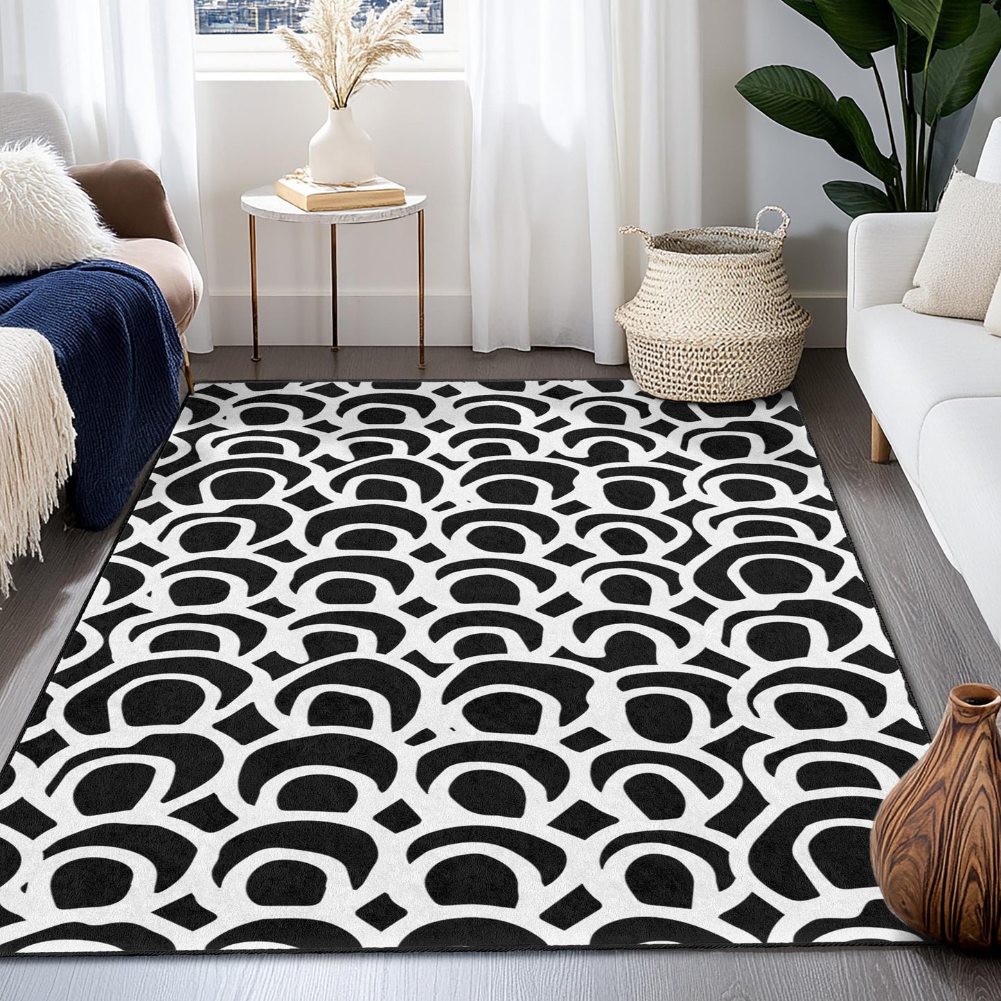 Eleganter rechteckiger Teppich mit schwarz-weißem Muster, stilvoller Wohnzimmerteppich, moderne Wohndekoration, abstrakter Teppich für jeden Raum