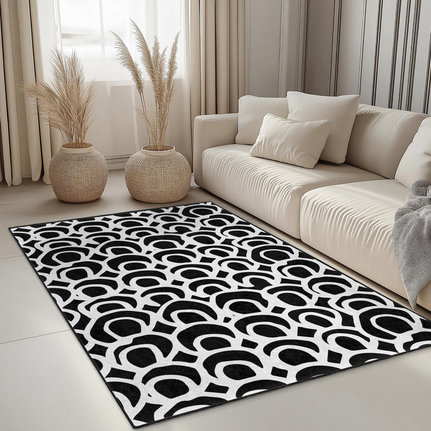 Eleganter rechteckiger Teppich mit schwarz-weißem Muster, stilvoller Wohnzimmerteppich, moderne Wohndekoration, abstrakter Teppich für jeden Raum