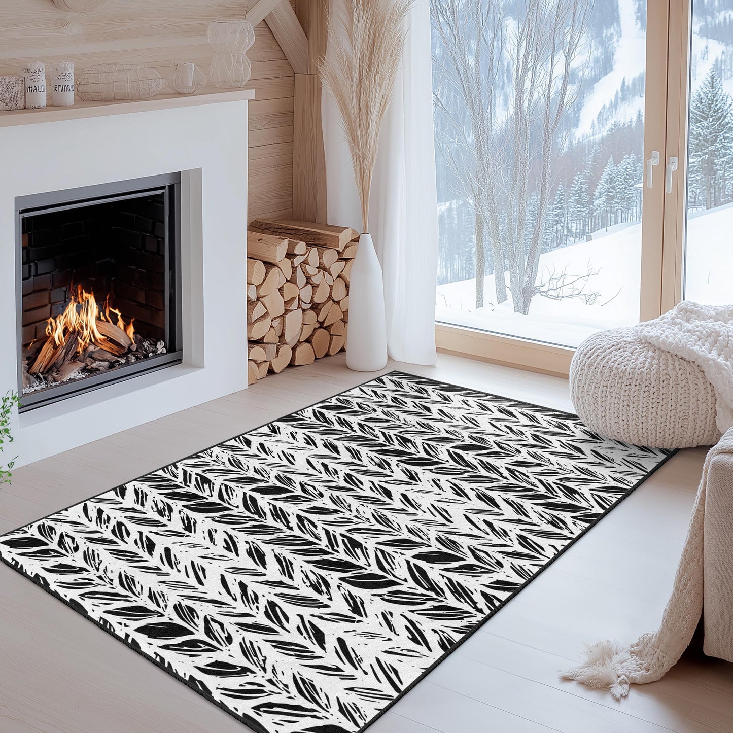 Stilvoller rechteckiger Teppich mit schwarz-weißem Blattmuster, moderner Wohnteppich, ideal für Wohn- und Schlafzimmer