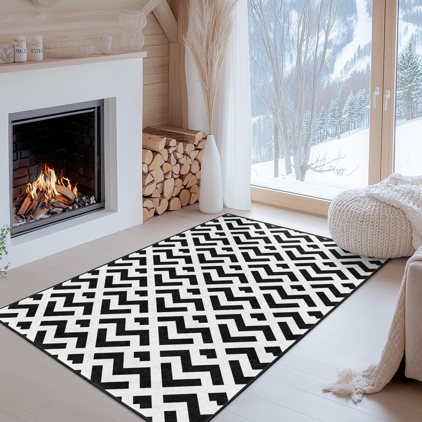 Moderner geometrischer Teppich in Schwarz-Weiß, rechteckiger Wohnzimmerteppich, stilvolle Wohndekoration, schicker geometrischer Teppich, moderne Fußmatte