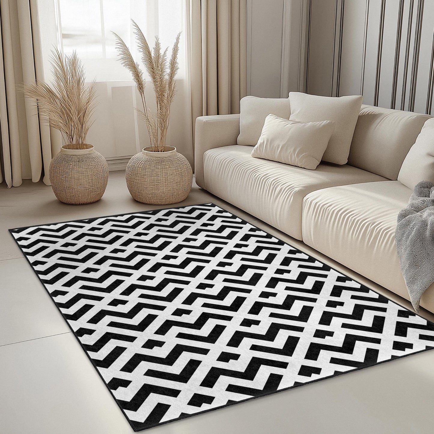 Moderner geometrischer Teppich in Schwarz-Weiß, rechteckiger Wohnzimmerteppich, stilvolle Wohndekoration, schicker geometrischer Teppich, moderne Fußmatte