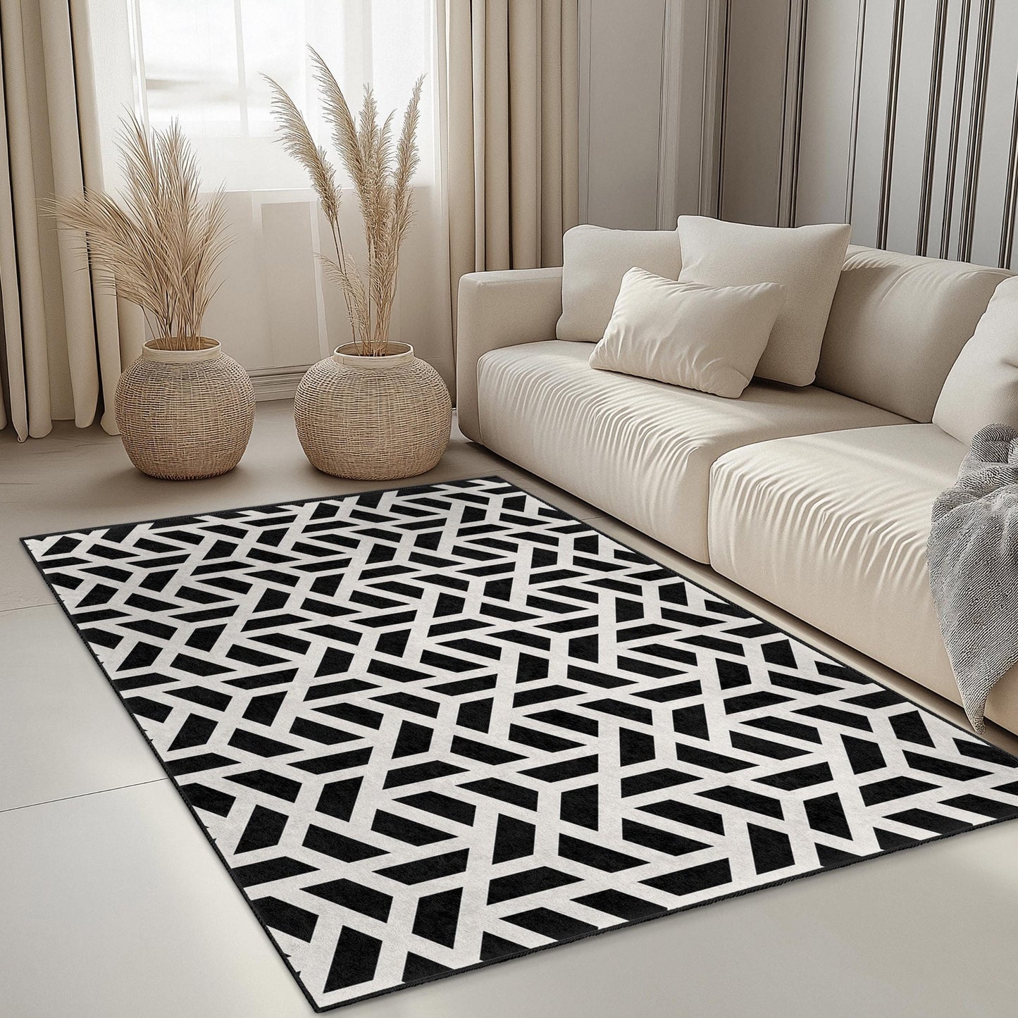Rechteckiger Teppich mit geometrischem Muster in Schwarz-Weiß, moderner Teppich mit Muster, stilvolle Wohndekoration, Wohnzimmerteppich, Schlafzimmerteppich
