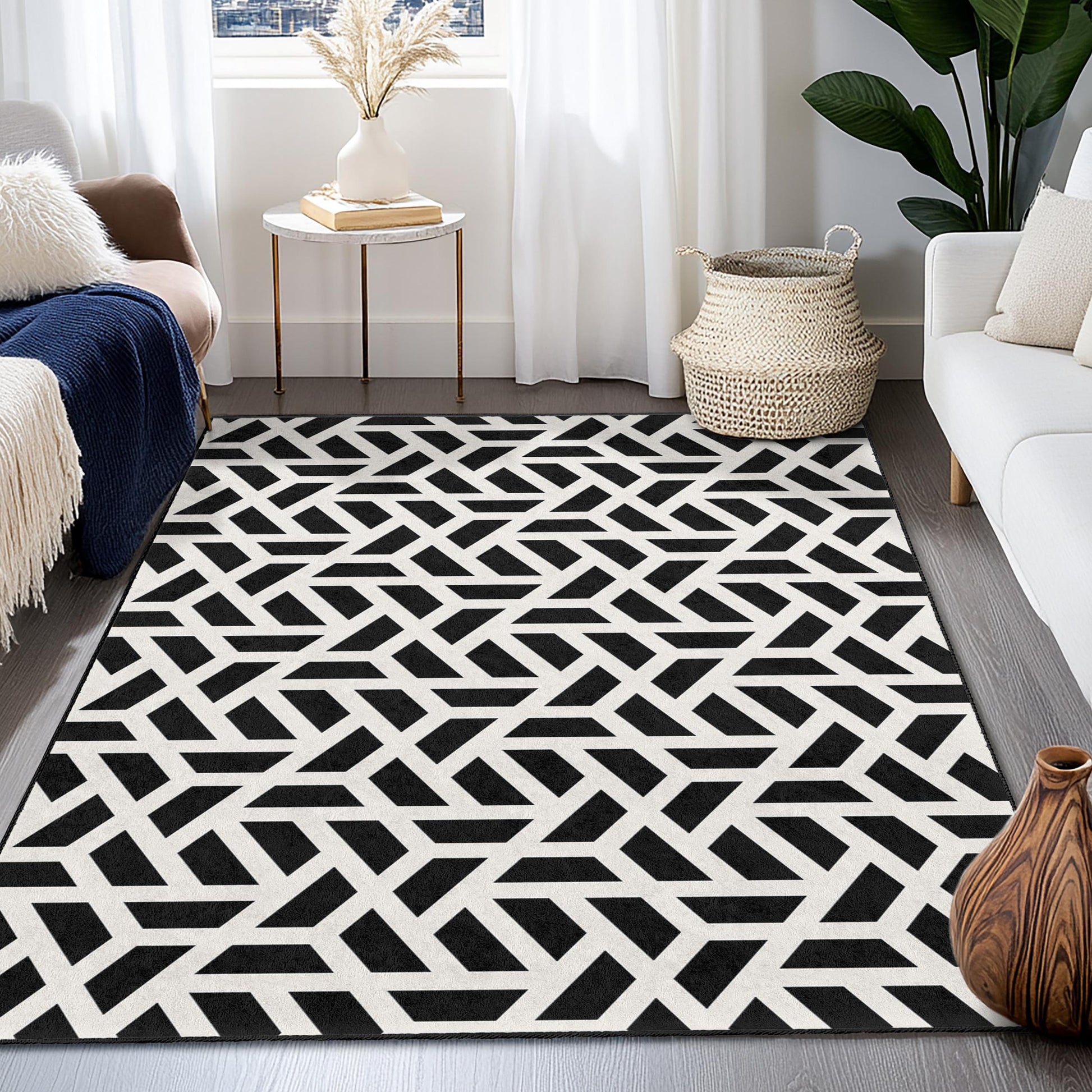 Geometric Black and White Rectangular Rug, Modern Patterned Area Rug, Stylish Home Decor, Living Room Carpet, Bedroom Rug