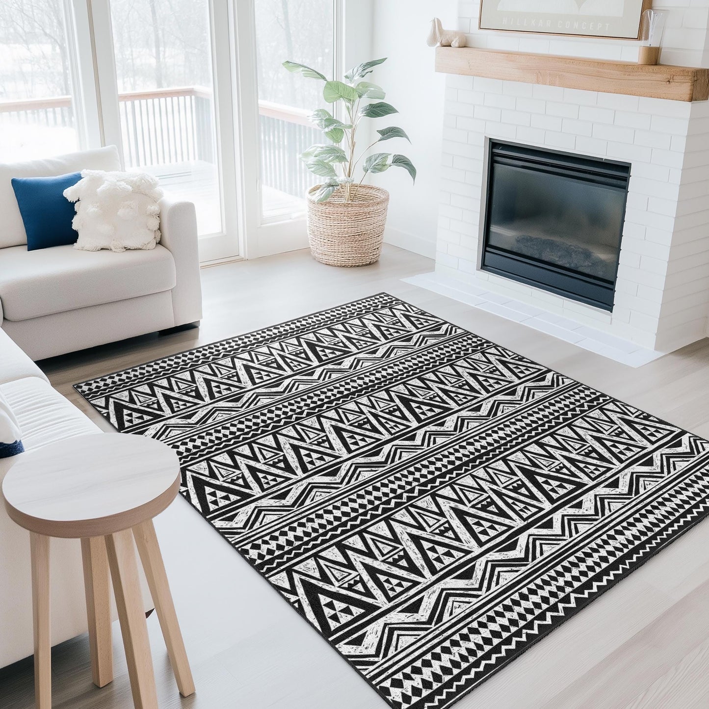 Geometrischer rechteckiger Teppich in Schwarz-Weiß, moderner Musterteppich, Teppich im Bohème-Stil, Wohnzimmerdekoration, stilvolle Fußmatte