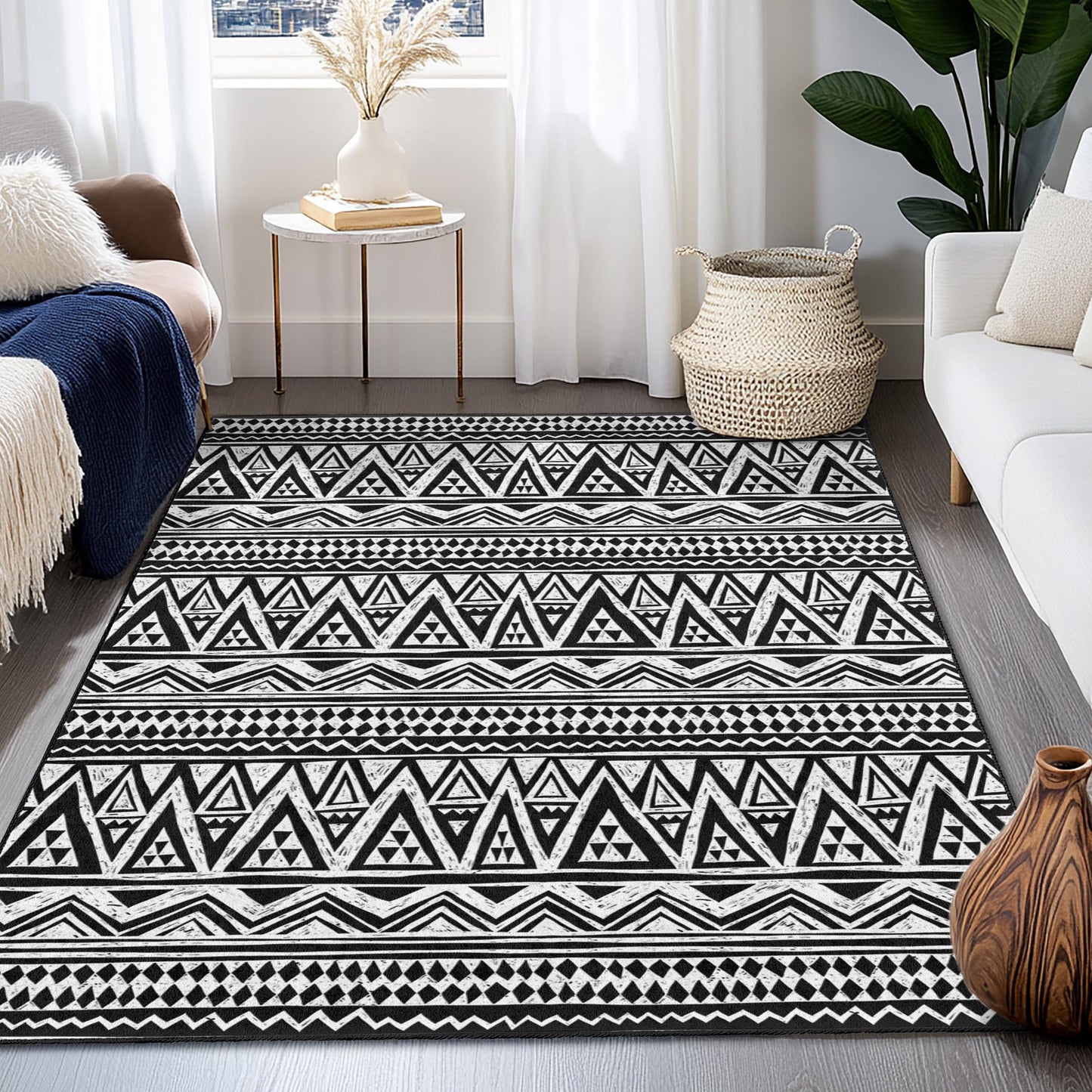 Geometrischer rechteckiger Teppich in Schwarz-Weiß, moderner Musterteppich, Teppich im Bohème-Stil, Wohnzimmerdekoration, stilvolle Fußmatte