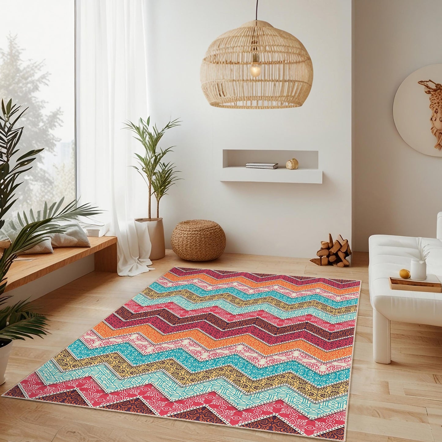 Rechteckiger Teppich mit lebhaftem Zickzackmuster, farbenfroher Teppich mit geometrischem Design, moderner Wohnzimmerteppich, stilvolle Wohndekoration
