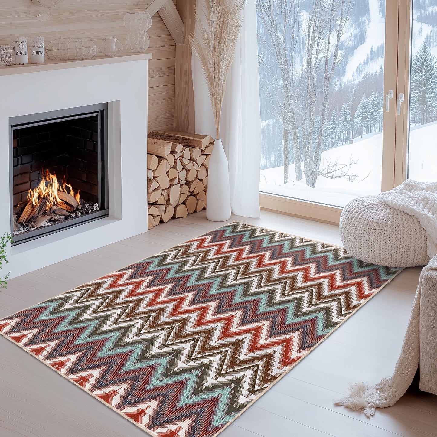 Rechteckiger Teppich mit lebhaftem Zickzackmuster, farbenfroher Teppich mit geometrischem Design, moderner Wohnzimmerteppich, stilvolle Wohndekoration