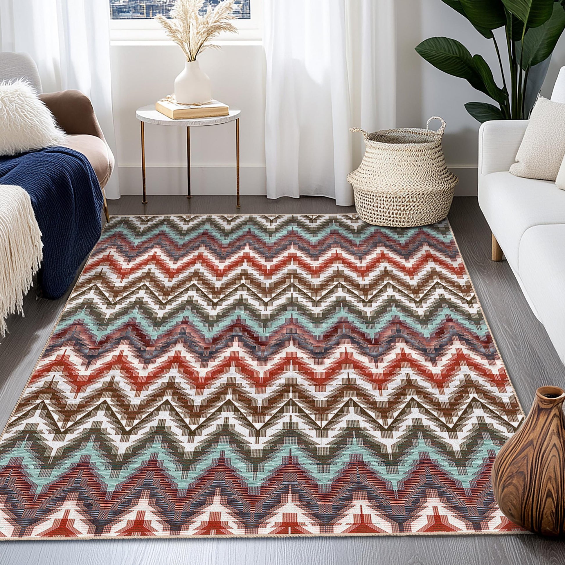 Vibrant Zigzag Pattern Rectangle Area Rug, Colorful Geometric Design Carpet, Modern Living Room Rug, Stylish Home Decor