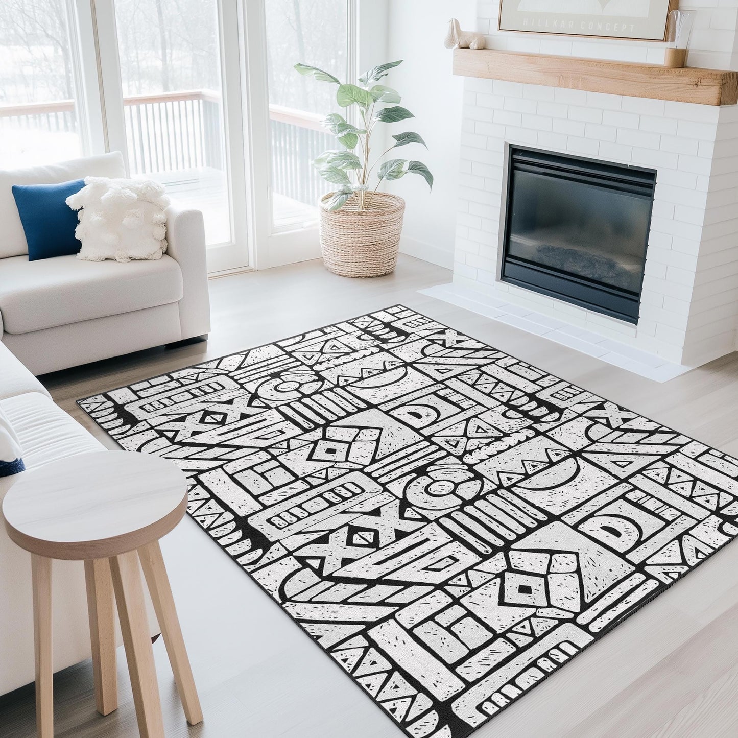Rechteckiger Teppich mit geometrischem Muster, moderner schwarz-weißer Teppich, stilvoller Wohnzimmerteppich, einzigartige Wohndekoration, zeitgenössisches Design