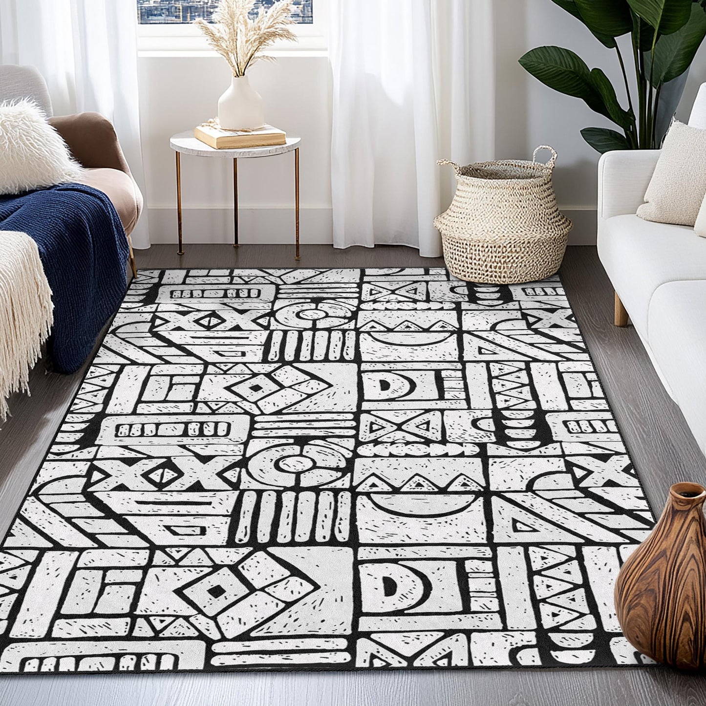 Rechteckiger Teppich mit geometrischem Muster, moderner schwarz-weißer Teppich, stilvoller Wohnzimmerteppich, einzigartige Wohndekoration, zeitgenössisches Design