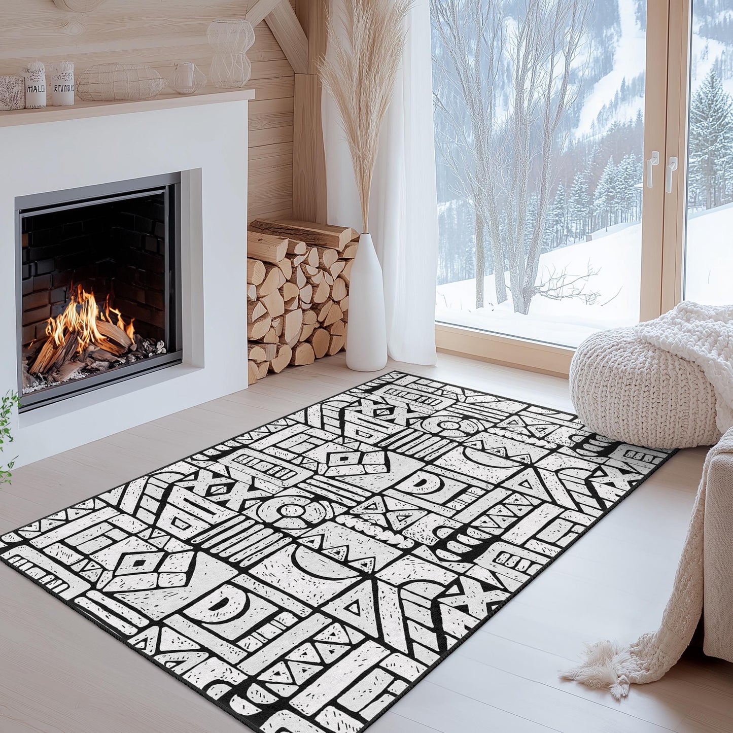 Rechteckiger Teppich mit geometrischem Muster, moderner schwarz-weißer Teppich, stilvoller Wohnzimmerteppich, einzigartige Wohndekoration, zeitgenössisches Design