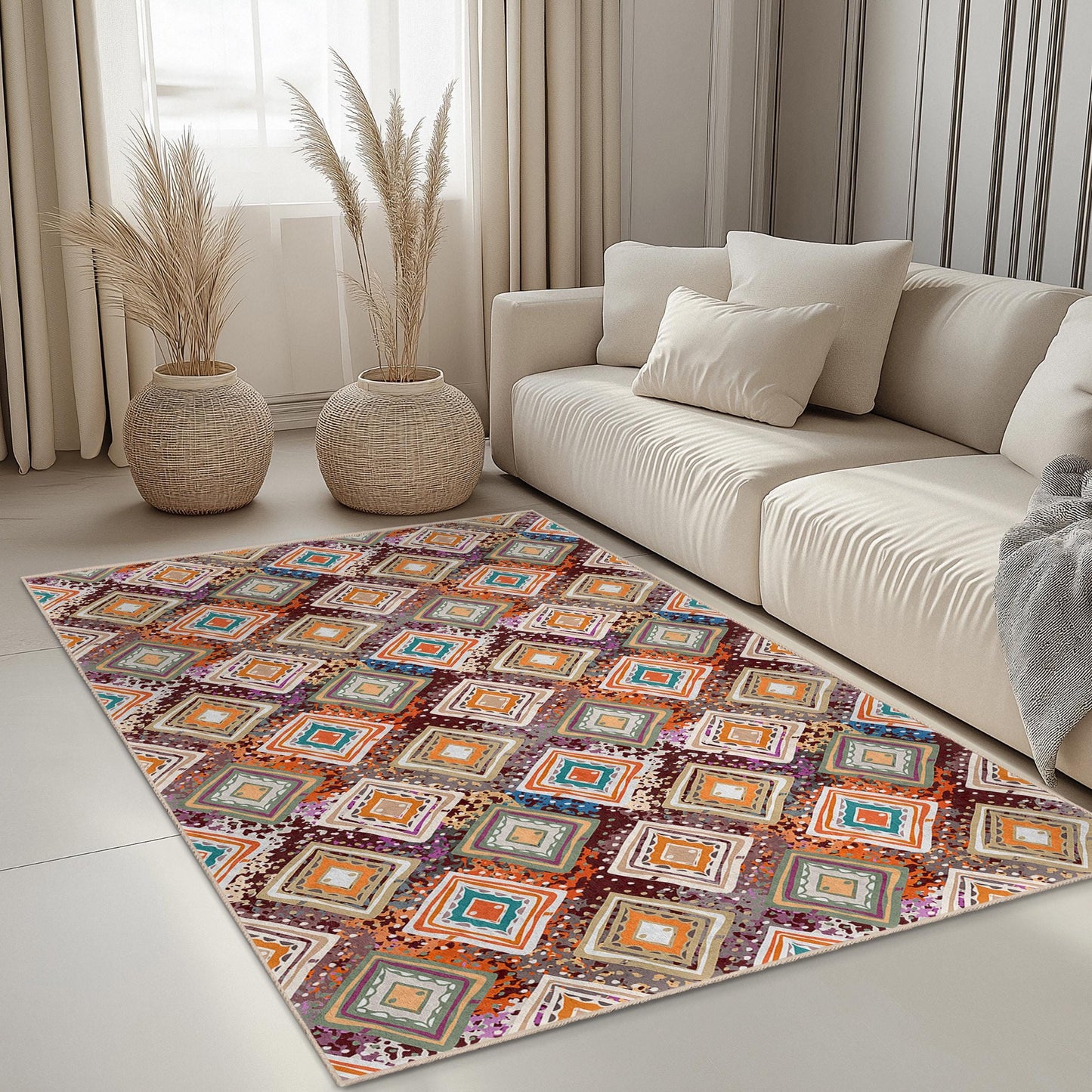 Rechteckiger Teppich mit farbenfrohem geometrischem Muster, moderner Wohnteppich, stilvoller Wohnzimmerteppich, einzigartiger Schlafzimmerteppich