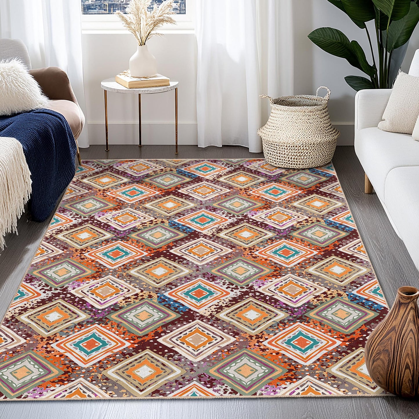 Rechteckiger Teppich mit farbenfrohem geometrischem Muster, moderner Wohnteppich, stilvoller Wohnzimmerteppich, einzigartiger Schlafzimmerteppich