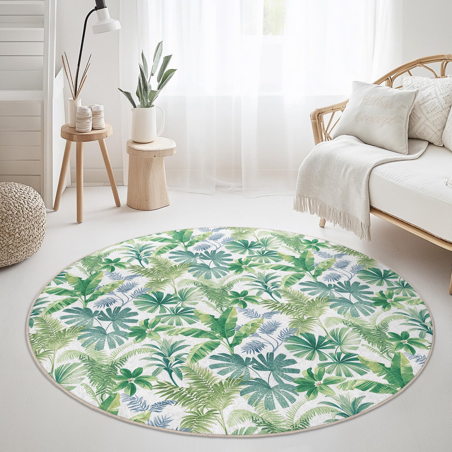 Runder Teppich mit tropischem Blättermuster, grüner Boho-Teppich, florale Wohnzimmerdekoration, runder Teppich für Zuhause, naturinspirierte Fußmatte