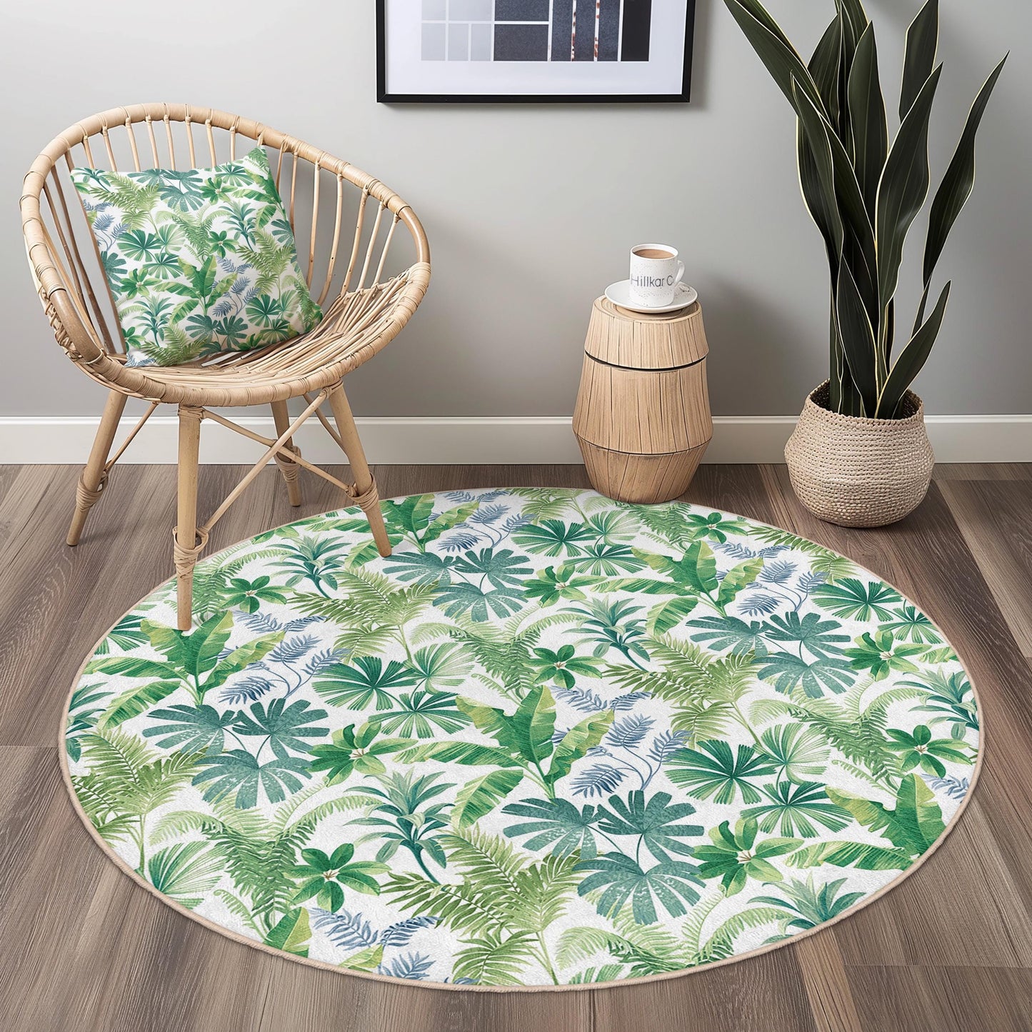 Runder Teppich mit tropischem Blättermuster, grüner Boho-Teppich, florale Wohnzimmerdekoration, runder Teppich für Zuhause, naturinspirierte Fußmatte