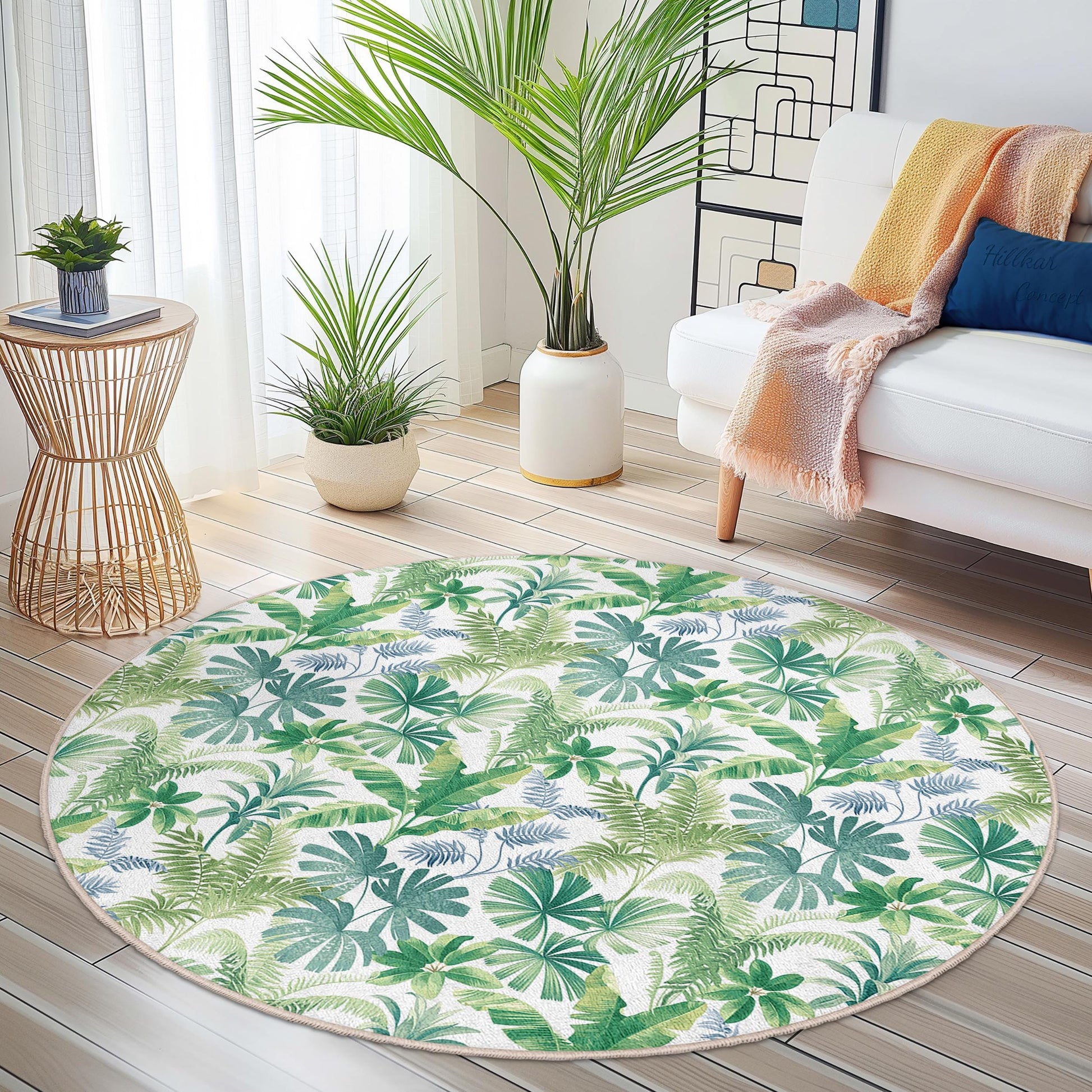 Tropical Leaf Round Area Rug, Bohemian Green Carpet, Floral Living Room Decor, Round Carpet for Home, Nature-Inspired Floor Mat