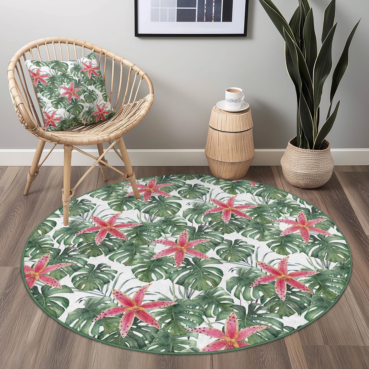 Runder Teppich mit tropischem Blumenmuster, Monstera-Blatt-Teppich, botanischer runder Teppich, Wohnzimmerdeko, Boho-Chic-Fußmatte, naturinspirierter Teppich