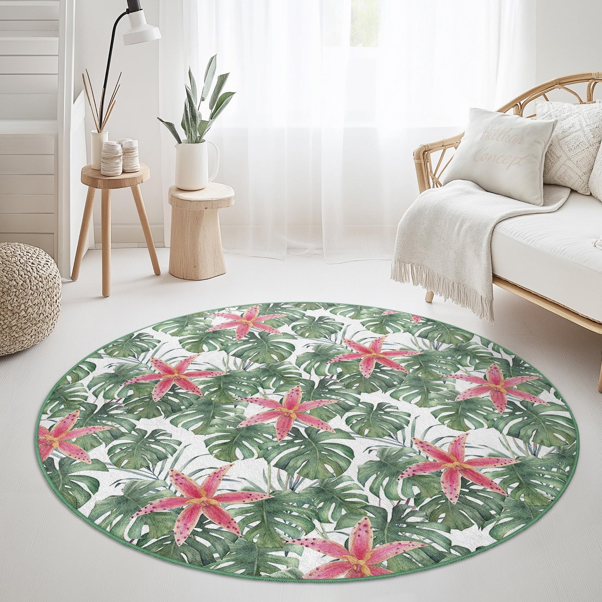 Tropical Floral Round Area Rug, Monstera Leaf Carpet, Botanical Round Rug, Living Room Decor, Boho Chic Floor Mat, Nature Inspired Rug