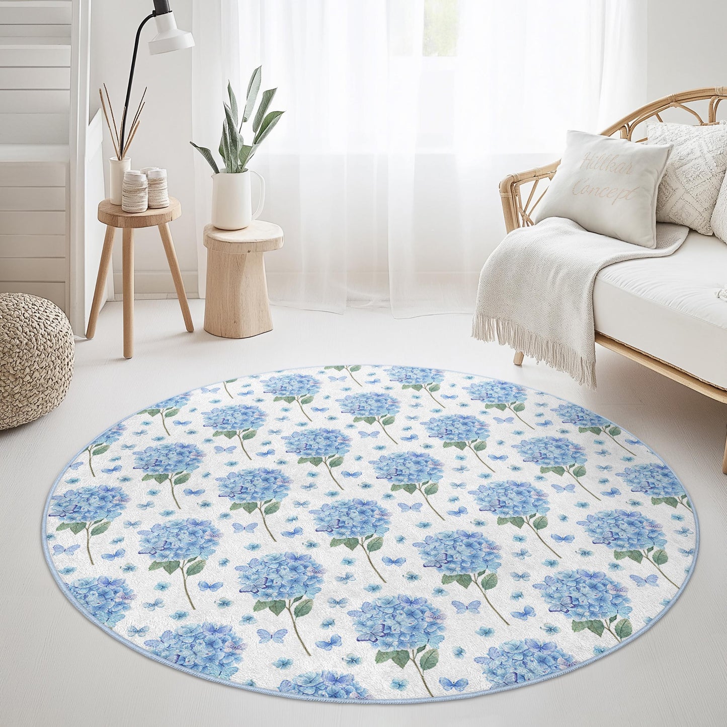 Wunderschöner runder Teppich mit Blumenmuster, blauer Hortensien, runder Wohnzimmerteppich, elegante Wohndekoration, Teppich mit Schmetterlingsmotiv