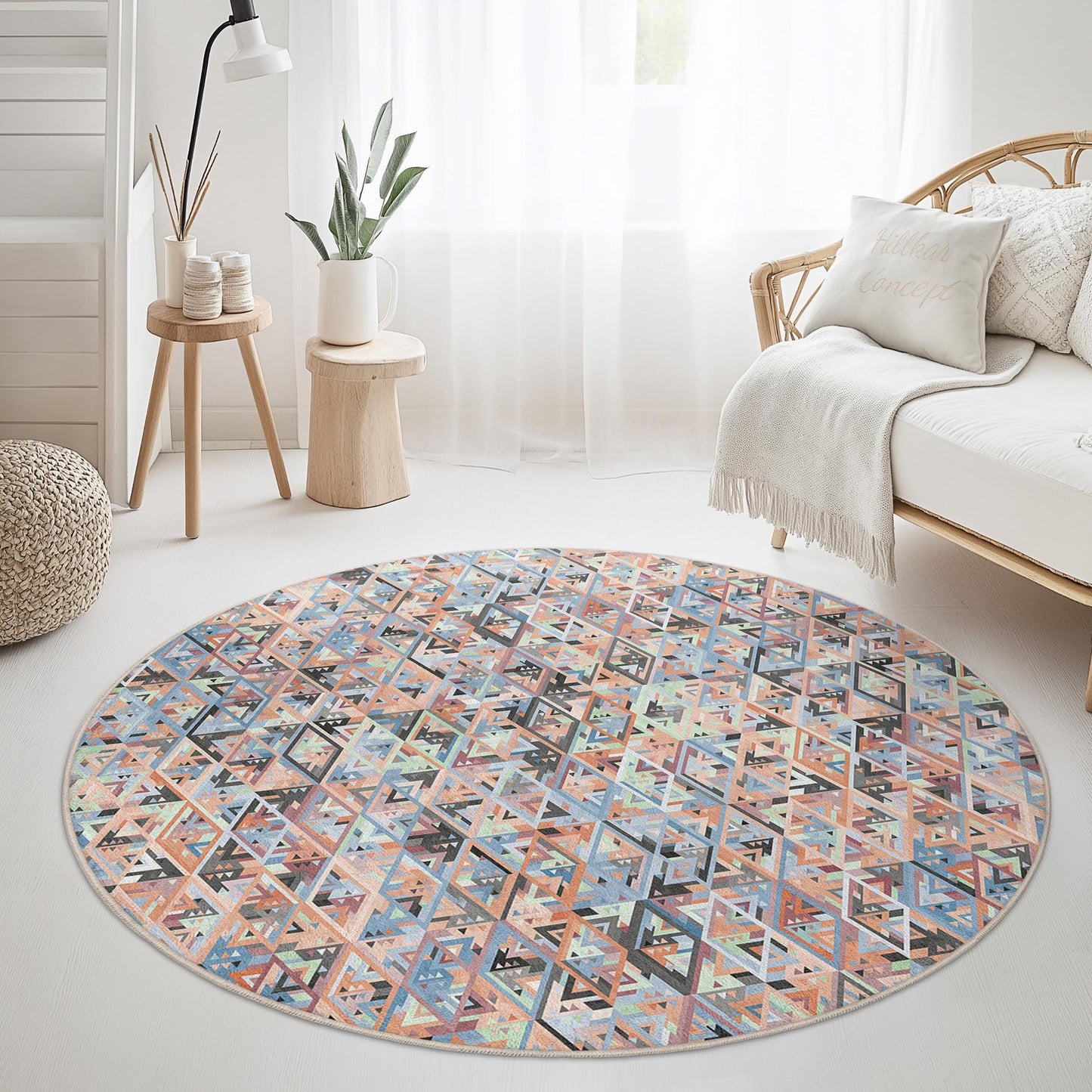 Geometrischer runder Teppich: Moderner Boho-Wohnzimmerteppich