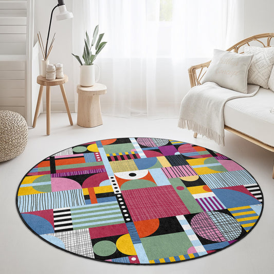 Colorful Geometric Round Area Rug, Modern Round Carpet, Chic Living Room Rug, Decorative Round Floor Mat, Contemporary Home Decor