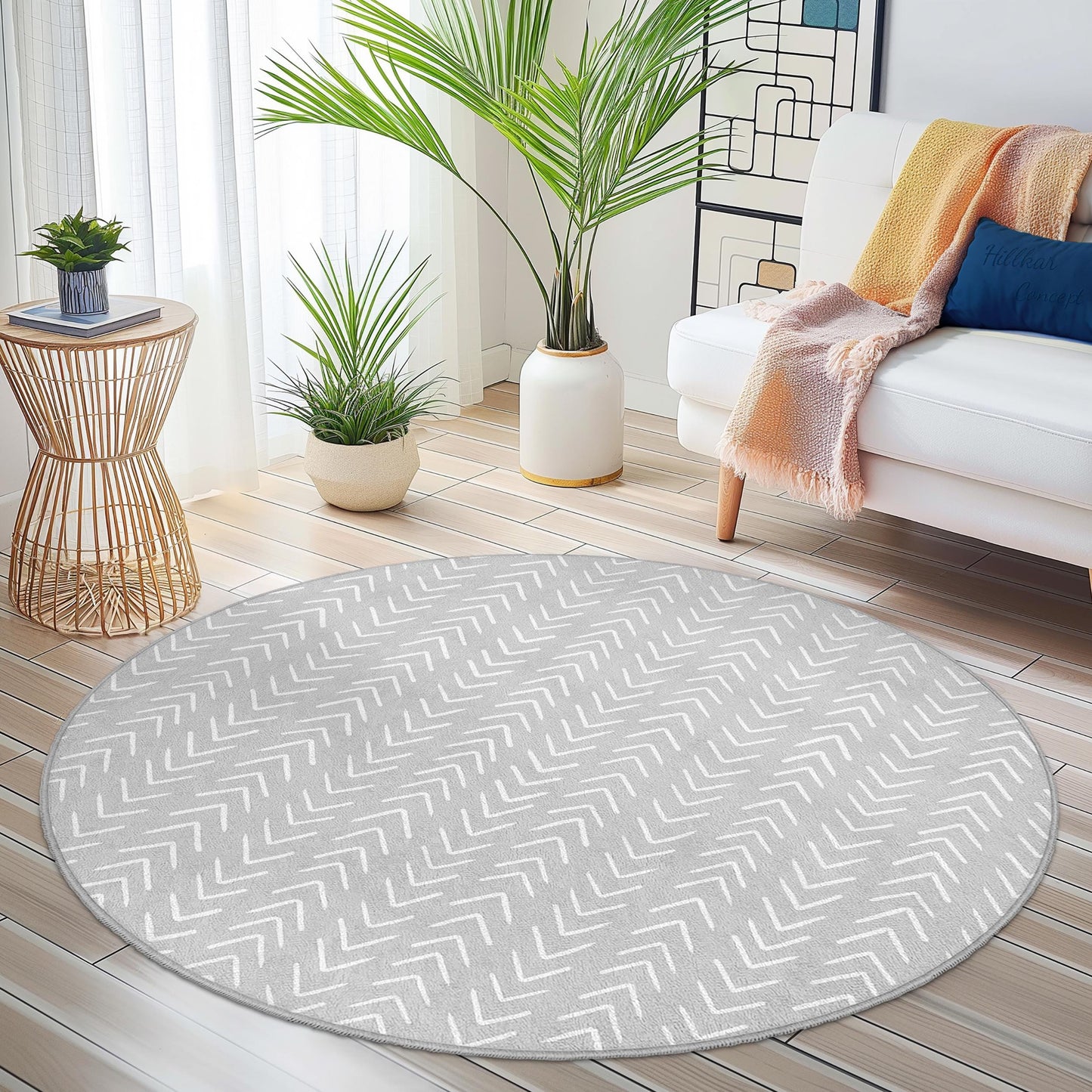 Stilvoller runder Teppich mit grauem Pfeilmuster, moderner runder Teppich für das Wohnzimmer, weicher runder Teppich, zeitgenössische Wohndekoration