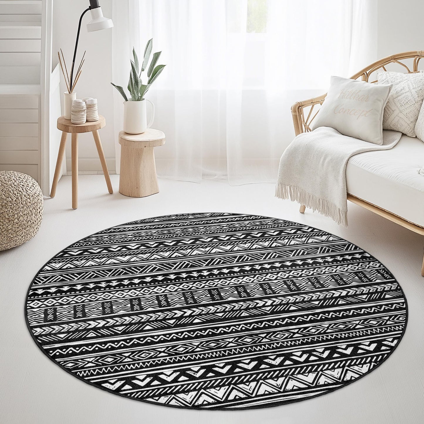 Runder Teppich mit Ethno-Muster, geometrischer runder Teppich in Schwarz-Weiß, Boho-Chic-Teppich für das Wohnzimmer, moderne Wohndekoration