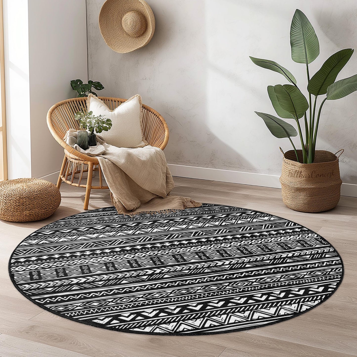 Runder Teppich mit Ethno-Muster, geometrischer runder Teppich in Schwarz-Weiß, Boho-Chic-Teppich für das Wohnzimmer, moderne Wohndekoration
