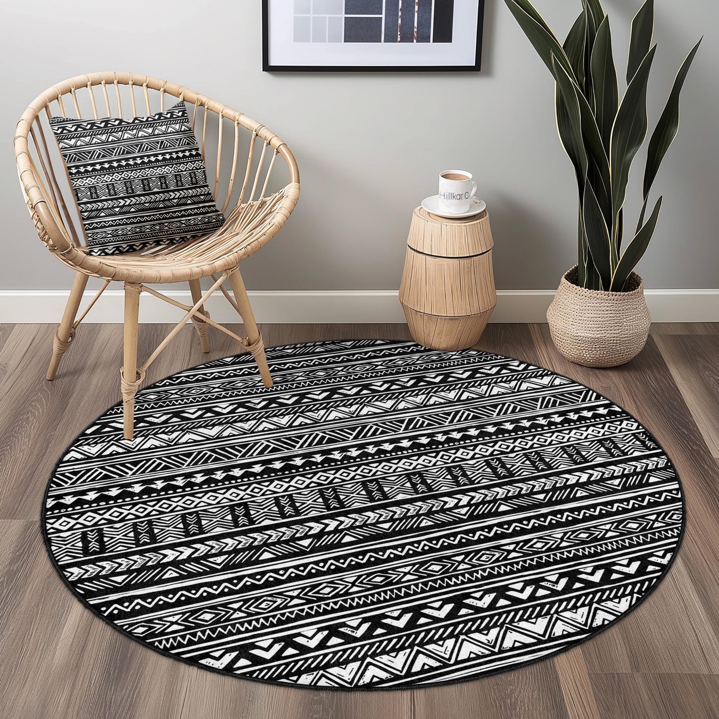Runder Teppich mit Ethno-Muster, geometrischer runder Teppich in Schwarz-Weiß, Boho-Chic-Teppich für das Wohnzimmer, moderne Wohndekoration