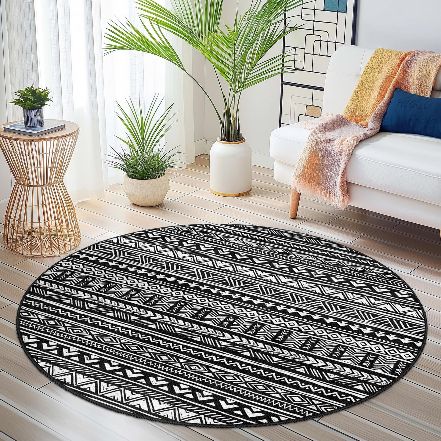 Runder Teppich mit Ethno-Muster, geometrischer runder Teppich in Schwarz-Weiß, Boho-Chic-Teppich für das Wohnzimmer, moderne Wohndekoration