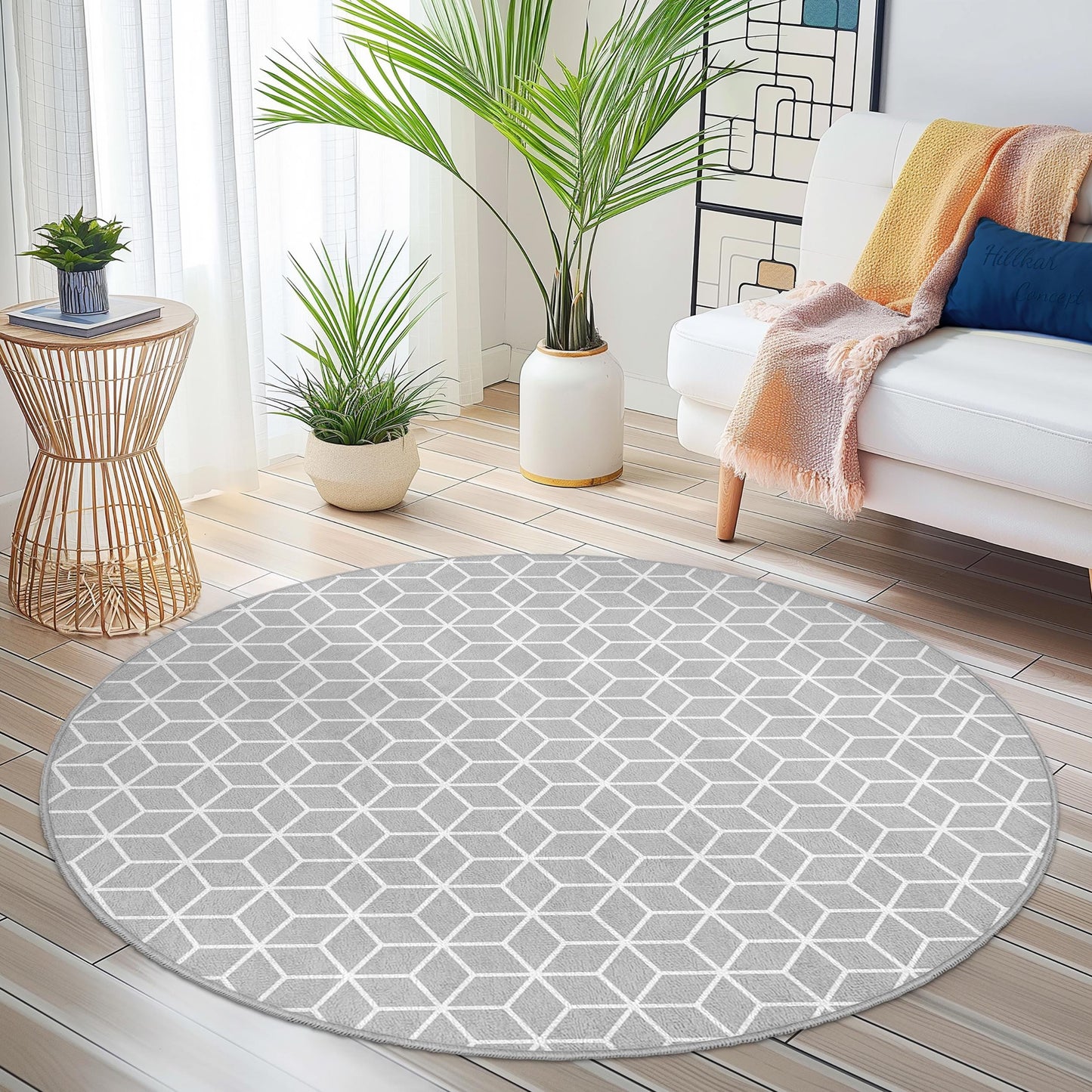 Geometrischer runder Teppich, stilvoller grauer Teppich mit Wabenmuster, moderne Wohndekoration, runder Teppich für Wohnzimmer, Schlafzimmer, Büro