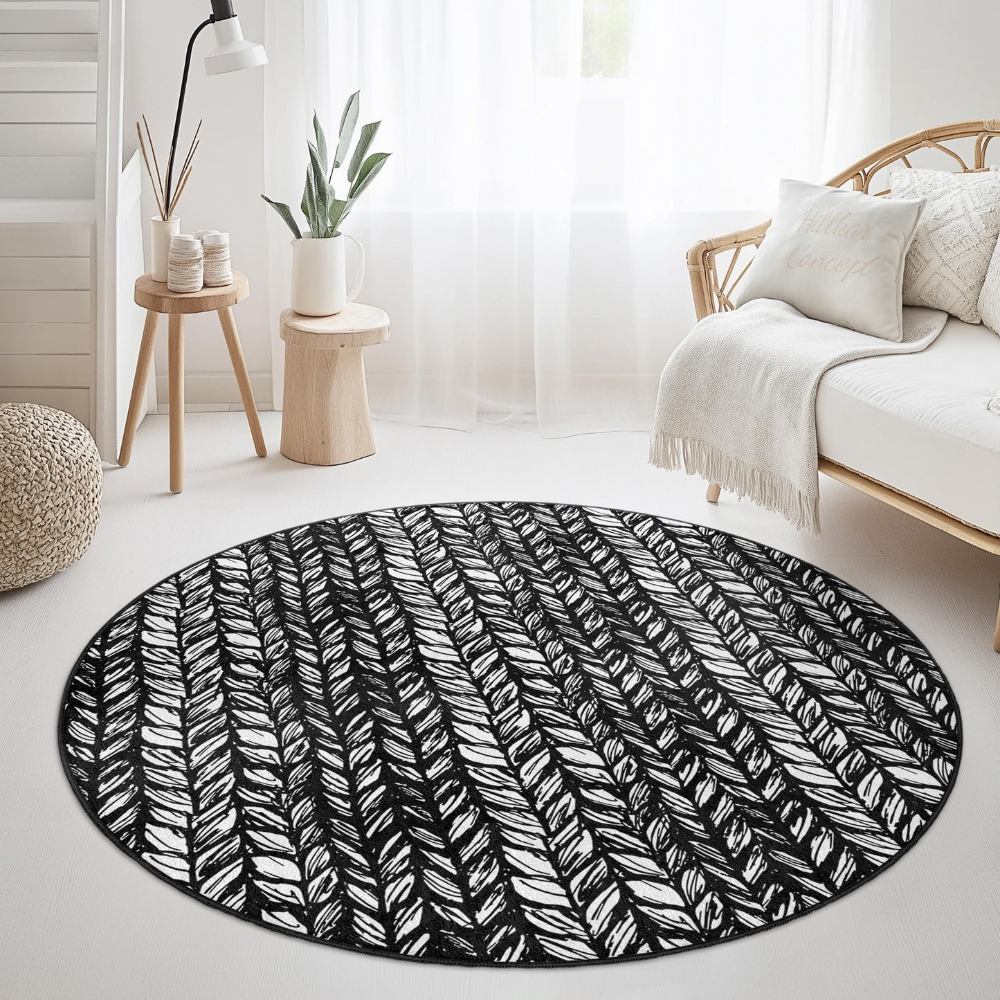 Runder Teppich mit Blattmuster, schwarz-weißes Blattdesign, moderner runder Teppich, stilvolle Wohndekoration, Wohnzimmerteppich, runder Teppich für den Innenbereich