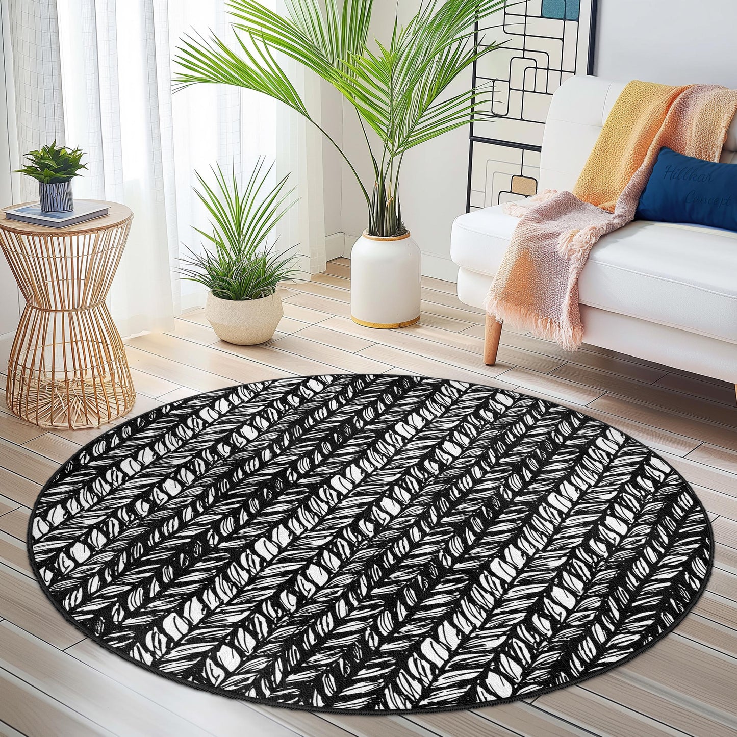 Runder Teppich mit Blattmuster, schwarz-weißes Blattdesign, moderner runder Teppich, stilvolle Wohndekoration, Wohnzimmerteppich, runder Teppich für den Innenbereich