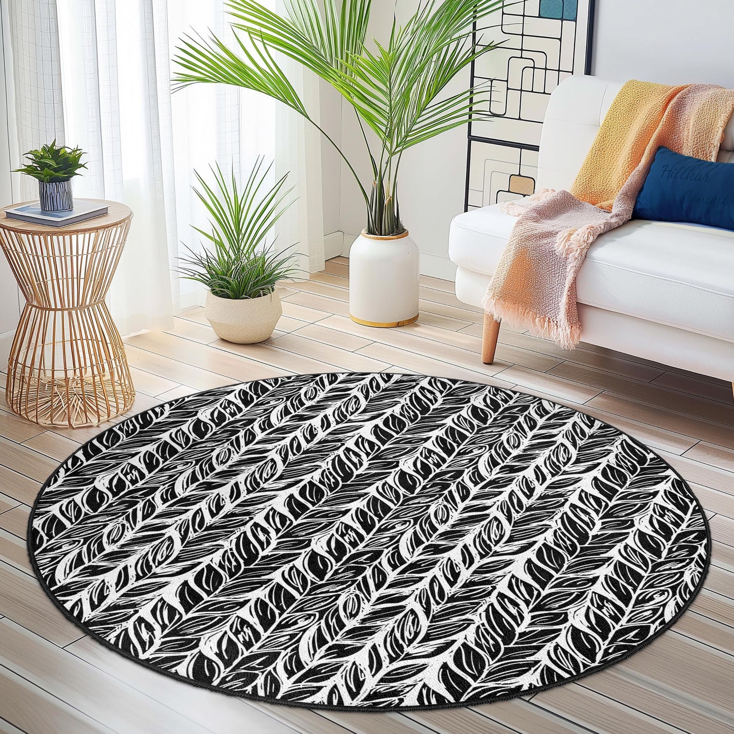Eleganter runder Teppich mit Blattmuster, moderner runder Teppich in Schwarz-Weiß, dekorativer runder Teppich für Wohnzimmer, Schlafzimmer und andere Wohnbereiche