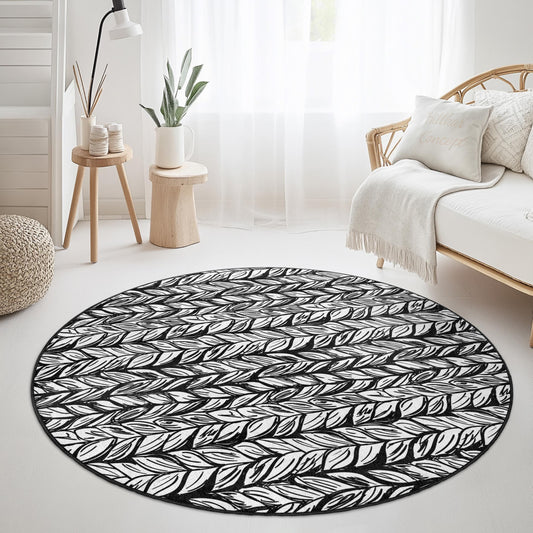 Black and White Leaf Pattern Round Rug, Stylish Leaf Design Area Rug, Modern Living Room Rug, Nature Inspired Decor, Boho Round Carpet