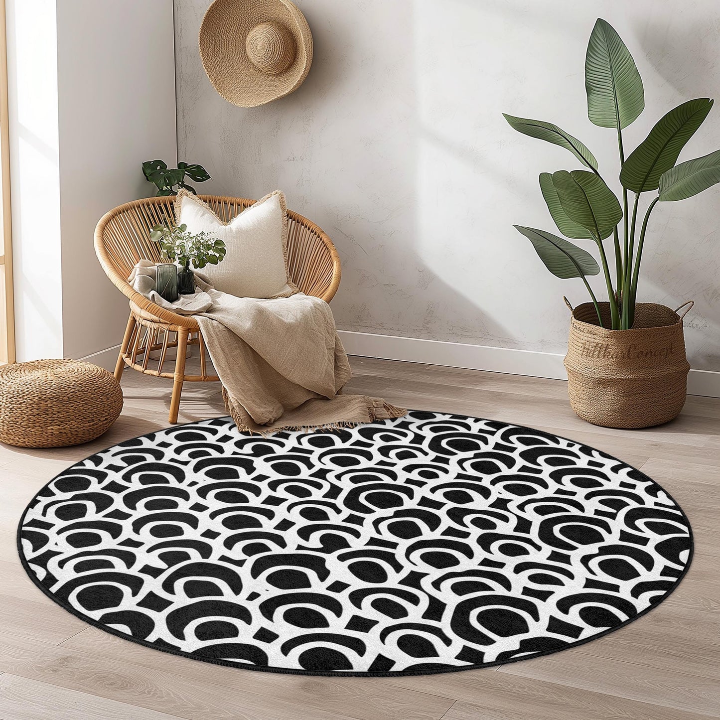 Moderner runder Teppich in Schwarz-Weiß, stilvoller runder Teppich, zeitgenössischer Designteppich für Wohnzimmer, Schlafzimmer und Wohnbereich