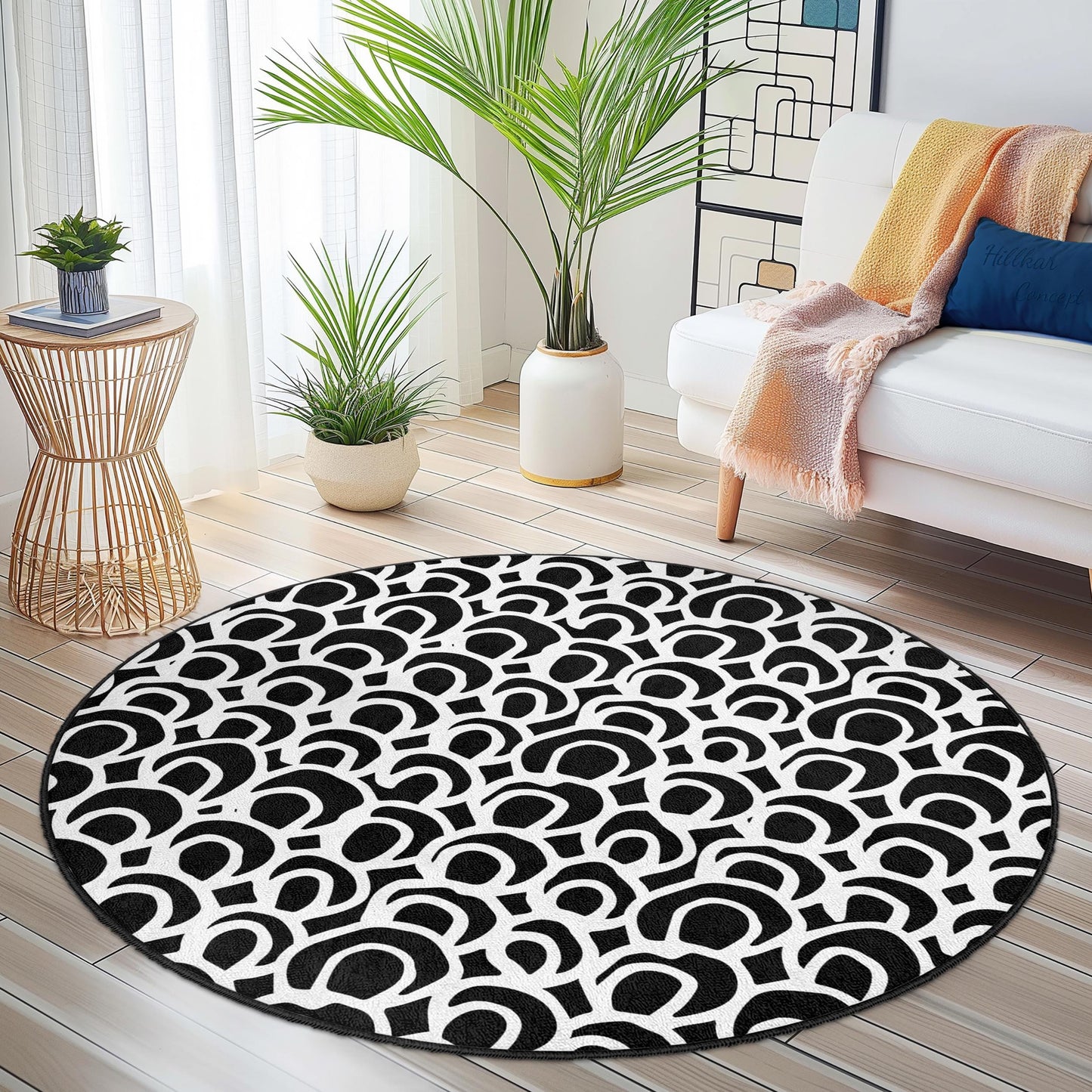 Moderner runder Teppich in Schwarz-Weiß, stilvoller runder Teppich, zeitgenössischer Designteppich für Wohnzimmer, Schlafzimmer und Wohnbereich