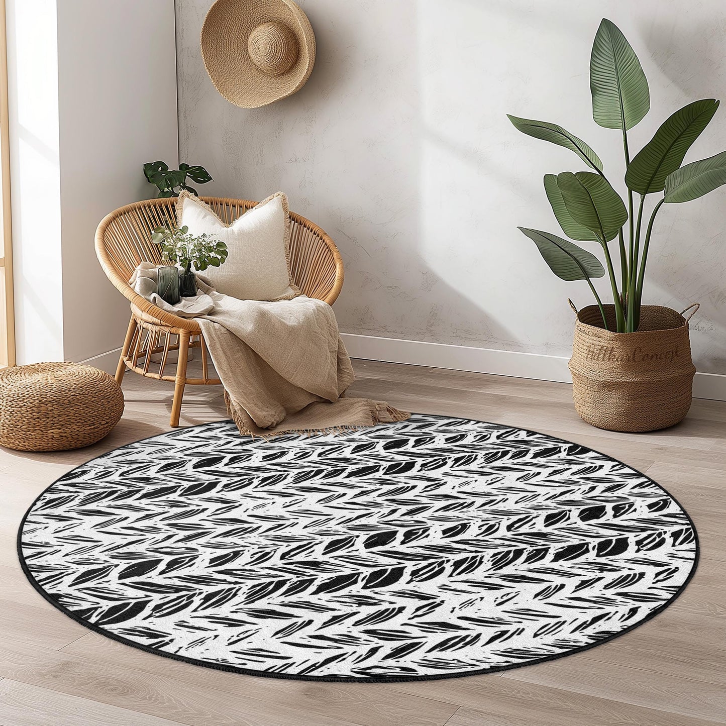 Runder Teppich mit Blattmuster, moderner runder Teppich fürs Wohnzimmer, Boho-Chic-Dekor, weicher runder Teppich für Zuhause, runde Matte für drinnen