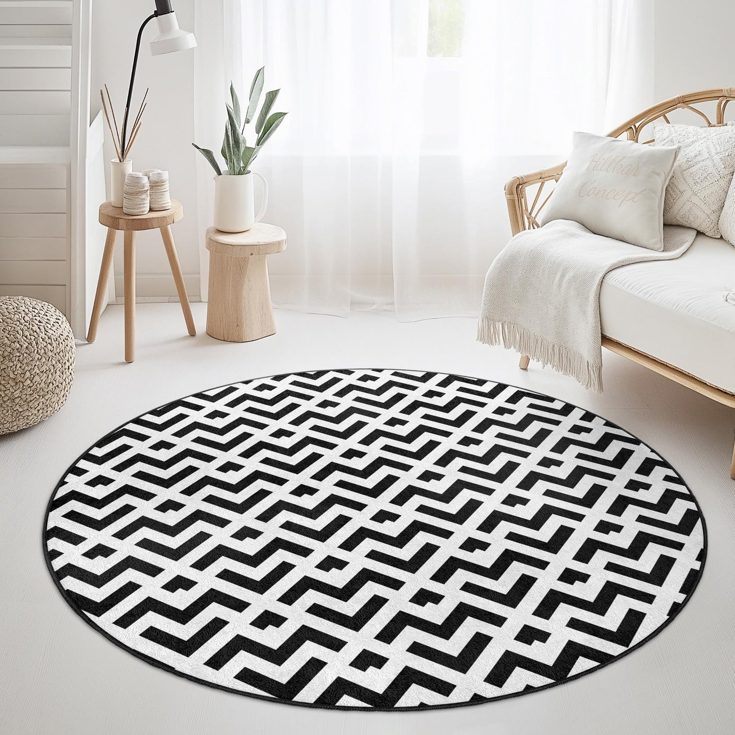 Geometrischer runder Teppich in Schwarz-Weiß, moderner Boho-Teppich, stilvoller runder Teppich für Wohnzimmer, Schlafzimmer, Wohnbereich