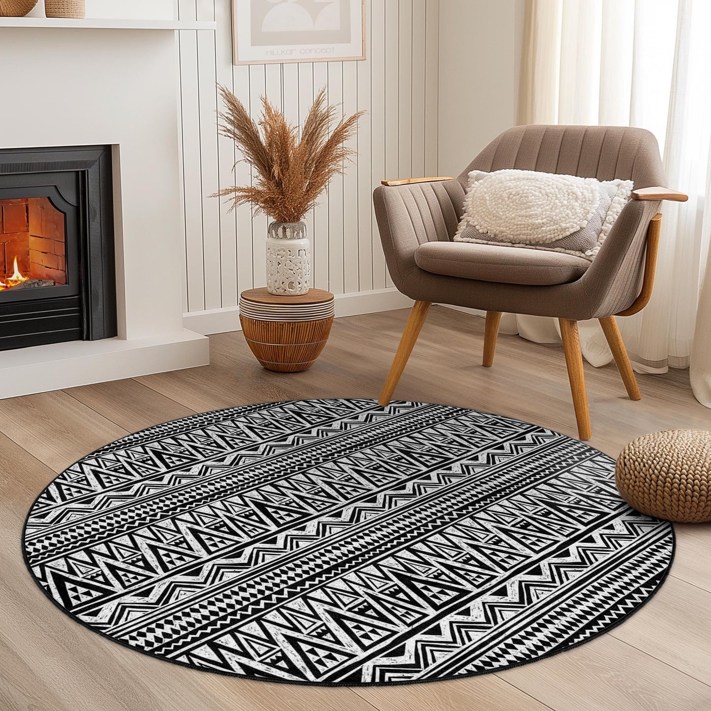 Runder Teppich mit geometrischem Muster, schwarz-weißer Kreisteppich, modernes Dekor für Wohnzimmer und Schlafzimmer, runder Teppich im Boho-Stil