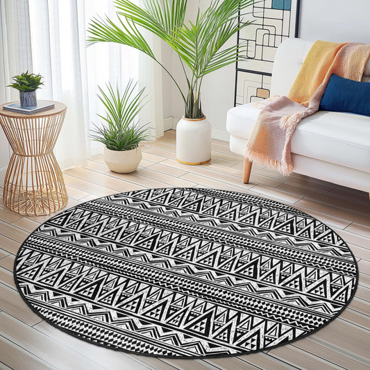 Geometric Pattern Round Area Rug, Black and White Circle Rug, Modern Decor for Living Room, Bedroom, Boho Style Round Rug