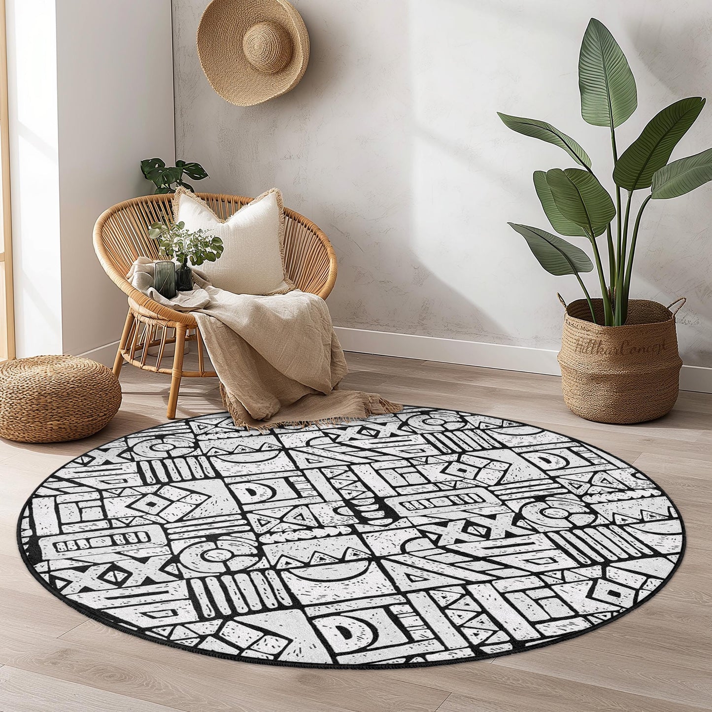 Runder Teppich mit geometrischem Muster, moderner runder Teppich für das Wohnzimmer, stilvolle Wohndekoration, einzigartige runde Fußmatte