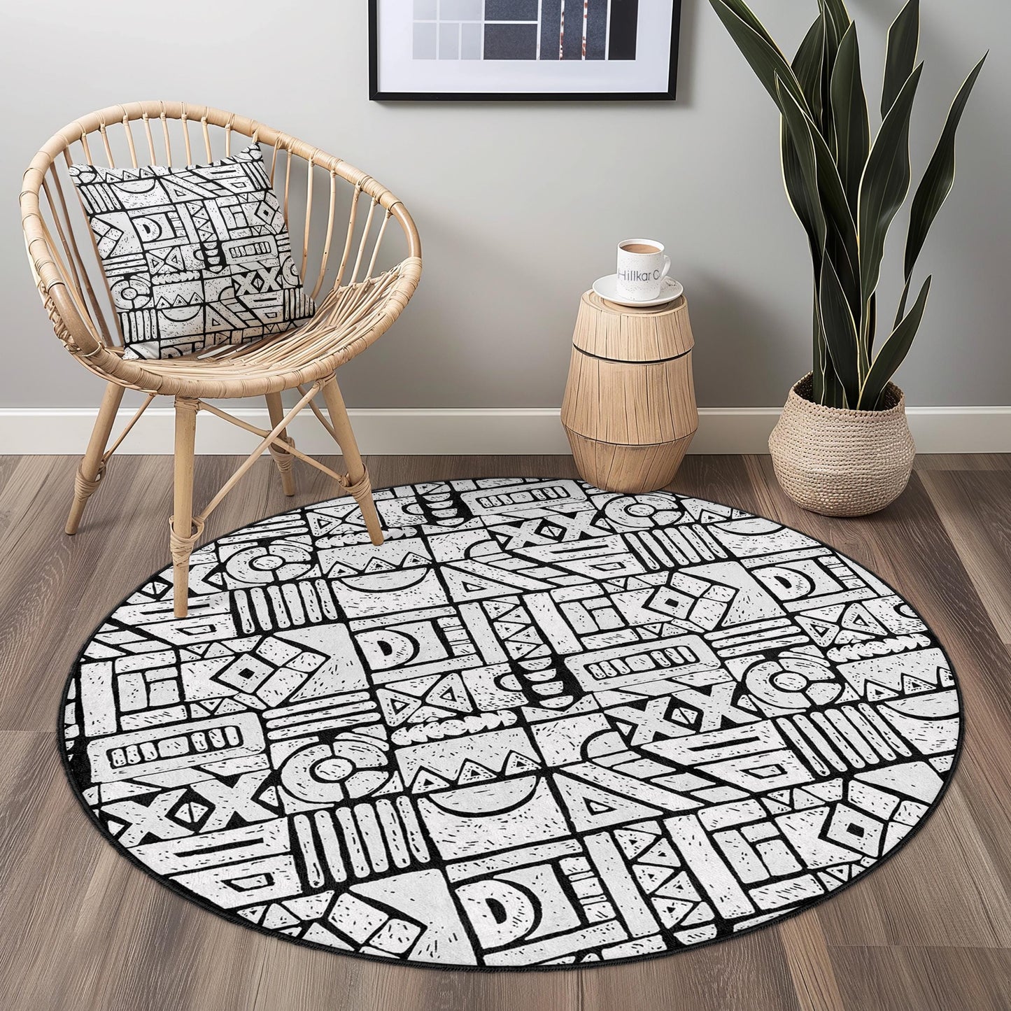 Runder Teppich mit geometrischem Muster, moderner runder Teppich für das Wohnzimmer, stilvolle Wohndekoration, einzigartige runde Fußmatte