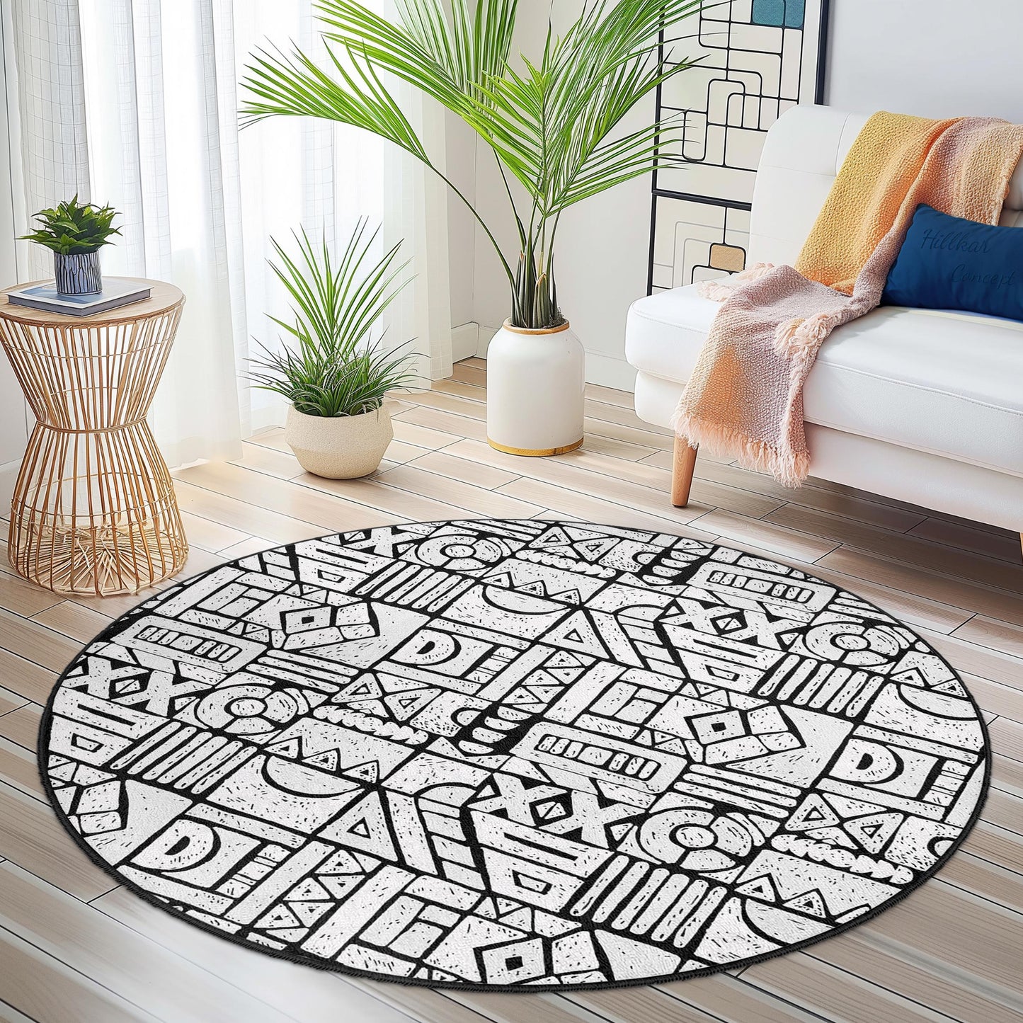 Runder Teppich mit geometrischem Muster, moderner runder Teppich für das Wohnzimmer, stilvolle Wohndekoration, einzigartige runde Fußmatte