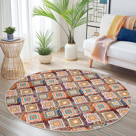Geometric Pattern Round Area Rug, Colorful Circle Carpet, Soft Floor Decor, Living Room Rug, Stylish Round Rug, Bohemian Home Decor